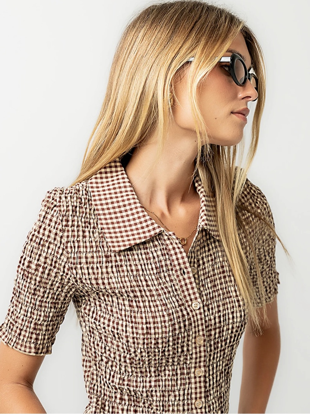 NWT Thread & Supply Top XXL Brown Olive Plaid Gingham Smocked Short Sleeve - Picture 2 of 7
